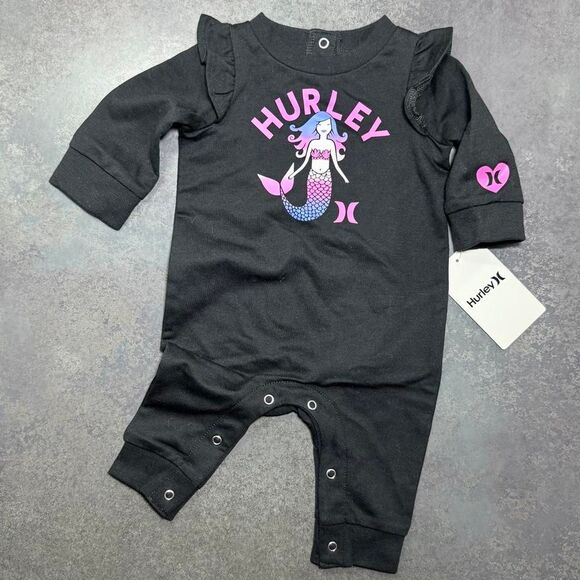 Hurley Other - Hurley Baby Girl 3M Mermaid Romper Black Pink Long Sleeve NWT